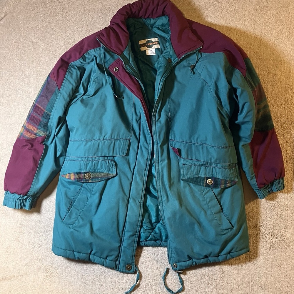 Vintage Out Brook Jacket Plaid Patches Teal Women's Coat Size Medium‎